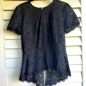 BCBG black lace peplum zip back top